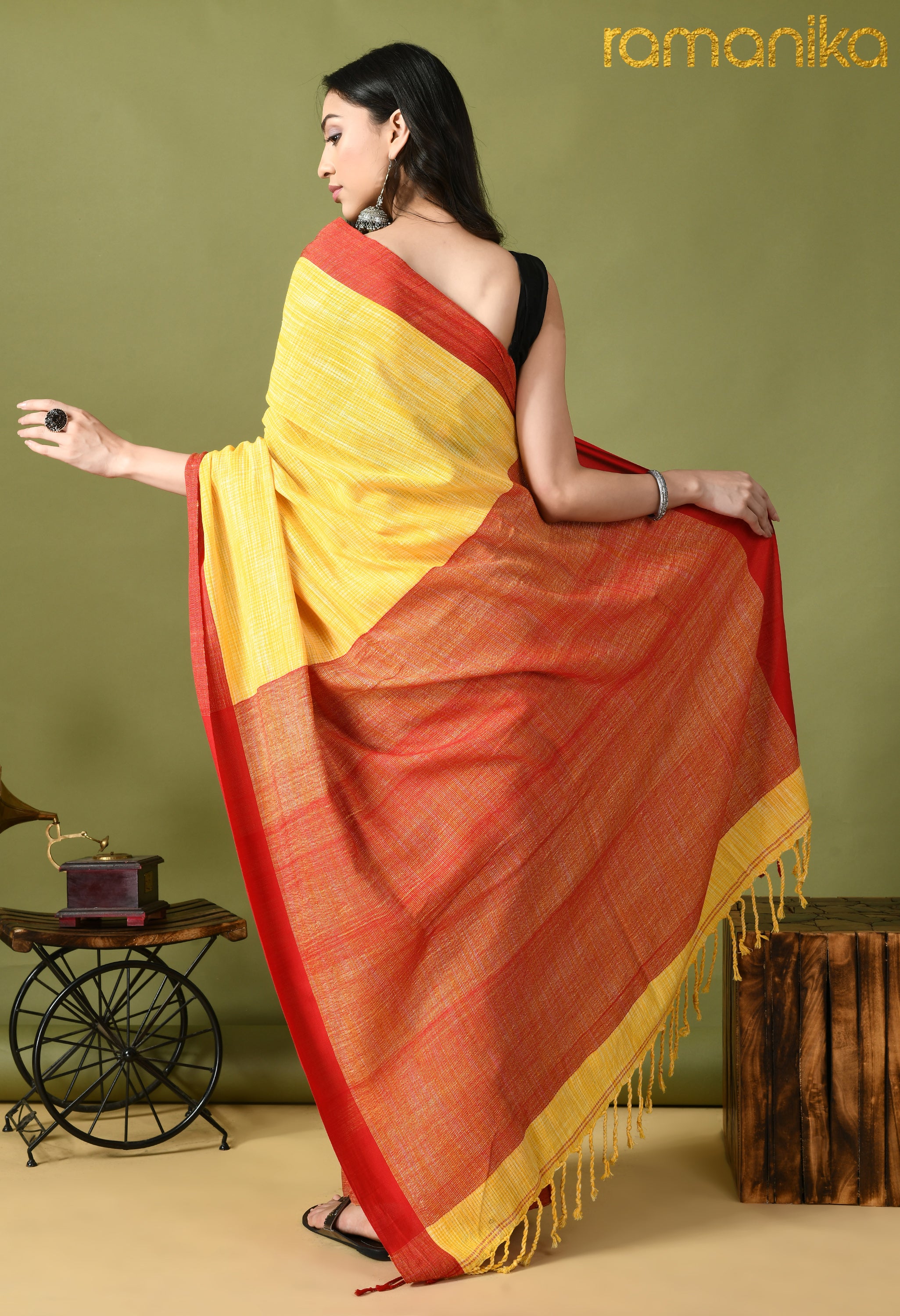 Handwoven linen Saree with Running Blouse (Yellow Red)