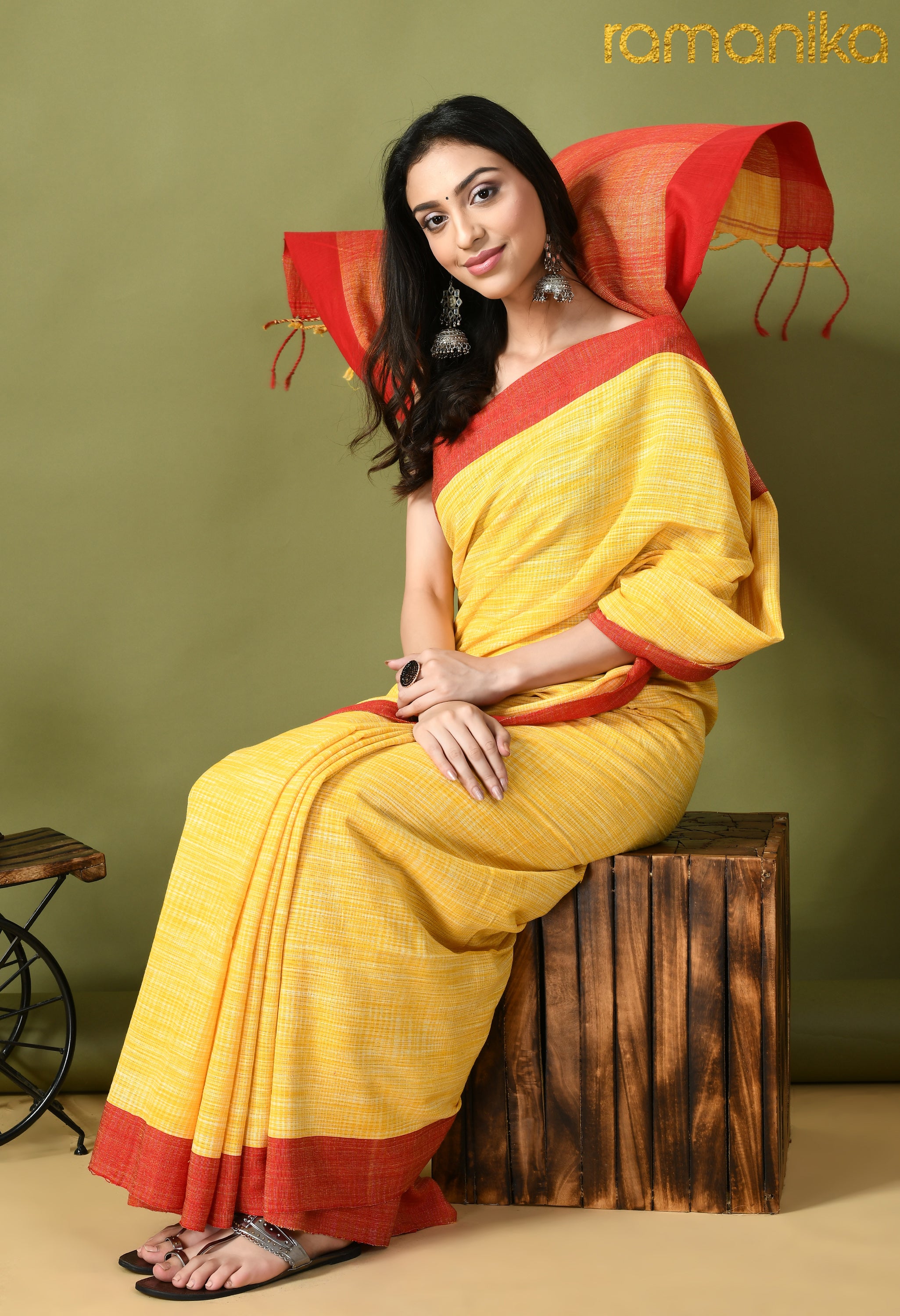 Handwoven linen Saree with Running Blouse (Yellow Red)