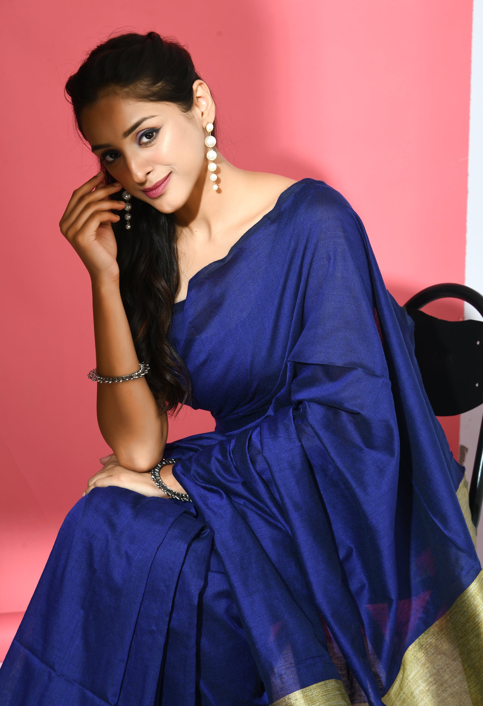Handwoven Cotton Saree with Running Blouse (Blue Beige) – Ramanika