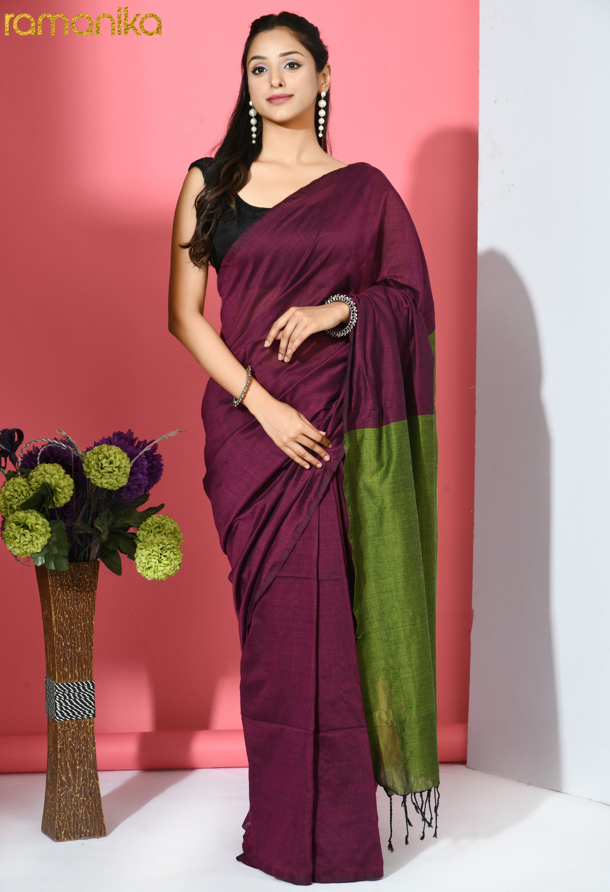 Handwoven Cotton Saree with Running Blouse (Purple Green)