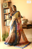 Digitally Abstract Printed Handwoven Linen Saree with Running Blouse (Multicolor)