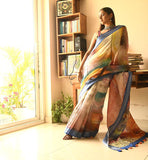 Digitally Abstract Printed Handwoven Linen Saree With Blouse - Ramanika