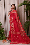Handwoven Linen Jamdani Saree With Blouse- Red - Ramanika