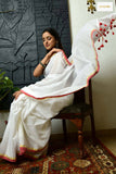 Contrast Border Cotton Saree with Running Blouse (White)