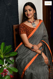 Striped Pallu Cotton  Saree with Running Blouse (Grey)