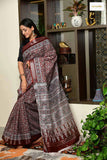 Linen Hand Block Printed Ajrakh Saree with Running Blouse (Rust)