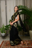Handwoven Linen Jamdani Saree With Blouse- Black - Ramanika