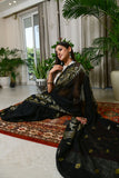 Handwoven Linen Jamdani Saree With Blouse- Black - Ramanika