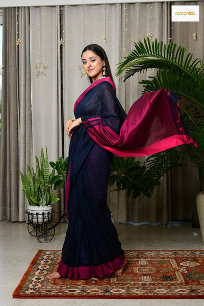 Buy Navy Blue Cotton Silk Saree With Green Pompom Cotton Sarees Light  Weight Saree Gift for Her Kaash Collection Online in India - Etsy