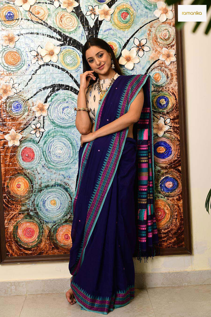 Handwoven Dungriya Saree With Blouse- Blue - Ramanika